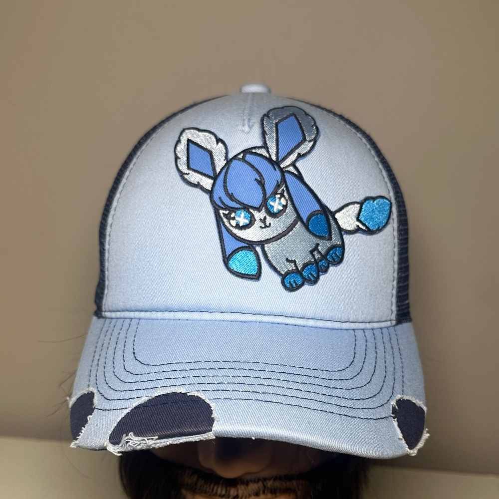 Pokemon Glaceon distressed Blue and Black Trucker Hat with Character Design